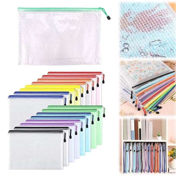 16 PCS Mesh Zipper Pouch Bags, for Organizing Storage, Waterproof Zipper Pouches, A4 Letter Size, File Bags for Toys, Puzzle, Board Games - 8 Colors, 2 of Each Color