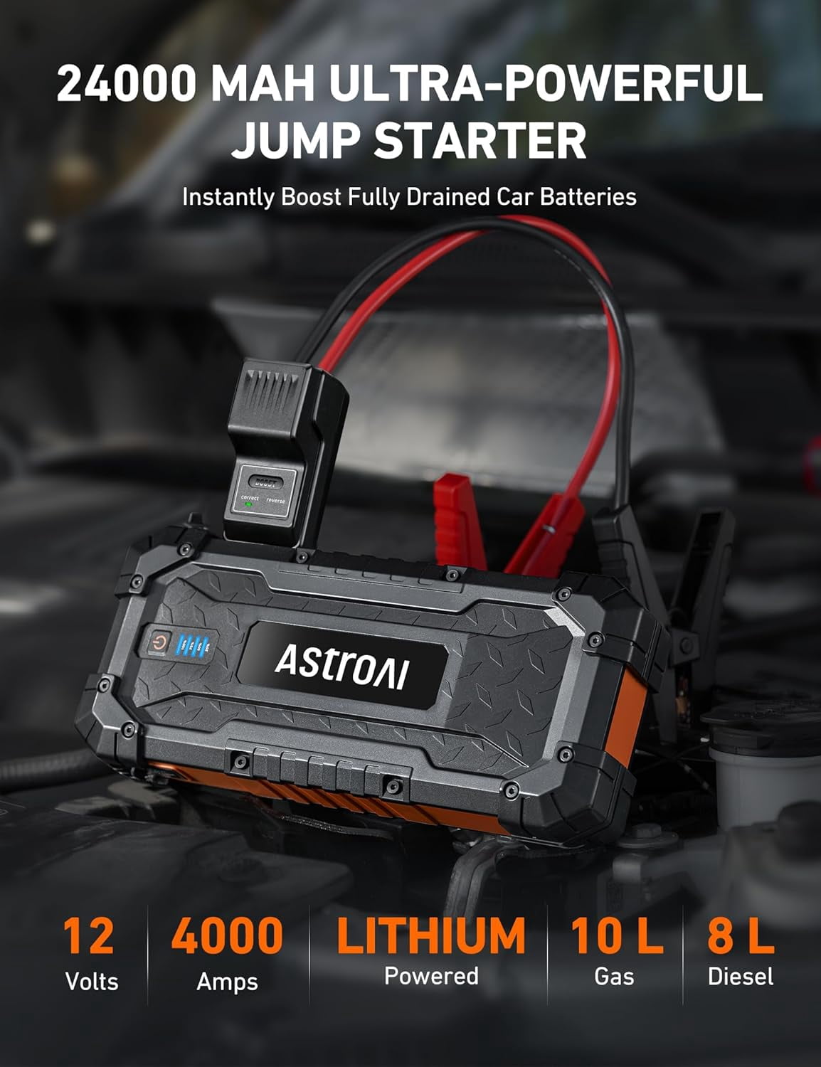 AstroAI Car Jump Starter, 4000A Battery Jump Starter with Jumper Cables for All Gas Engines & 12L Diesel, Battery Booster Power Pack, 12V Jump Box with LED Light, Type-C/USB Quick Charge