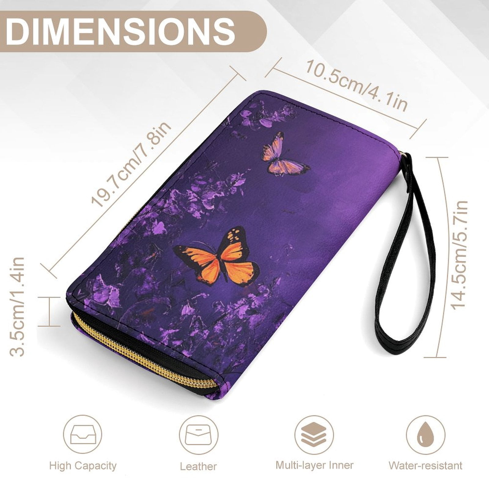 Womens Wallet Bifold Ladies Cluth Bag Wristlet Wrist Strap Long Purse Purple Butterfly Design