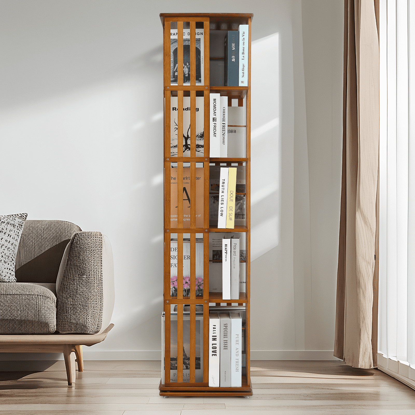 Magshion Bamboo Revolving Bookshelf 360 Degrees, 5-Tiers Free Standing Rotating Bookcase, Storage Rack for Home, Study, Office, Brown