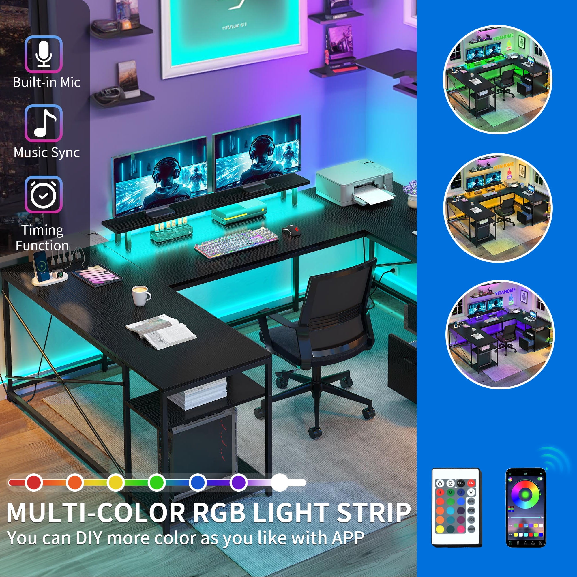 Dextrus L Shaped Desk with Power Outlets & LED Lights, Reversible Computer Desk with Drawers & Storage Shelves, Large U Shaped Desk, Black