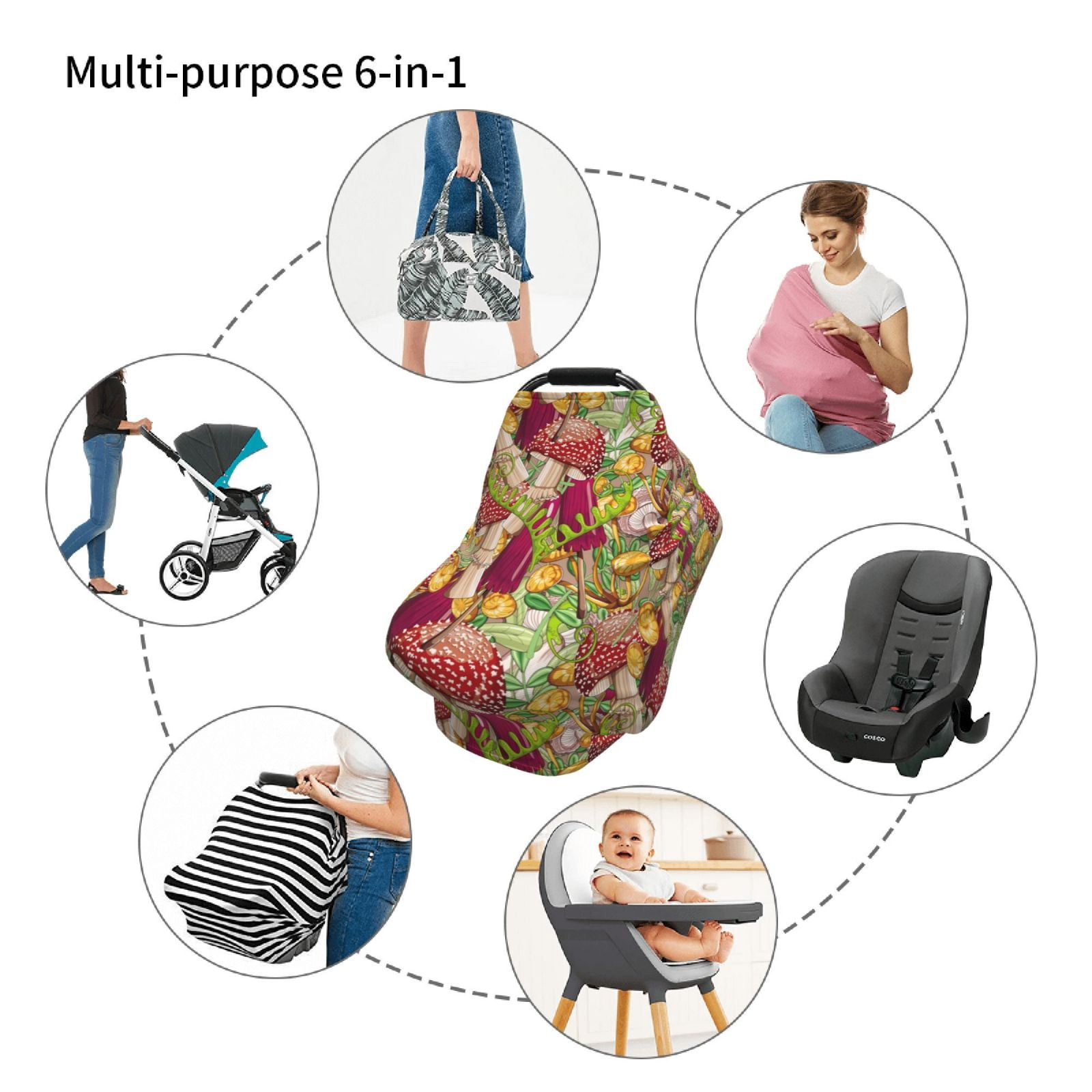 Fotbe Colored Large Mushrooms and Leaves Pattern Car Seat Covers for Babies, Nursing Breastfeeding Cover Infant Carseat Canopy, Soft Stretchy Carrier Cover