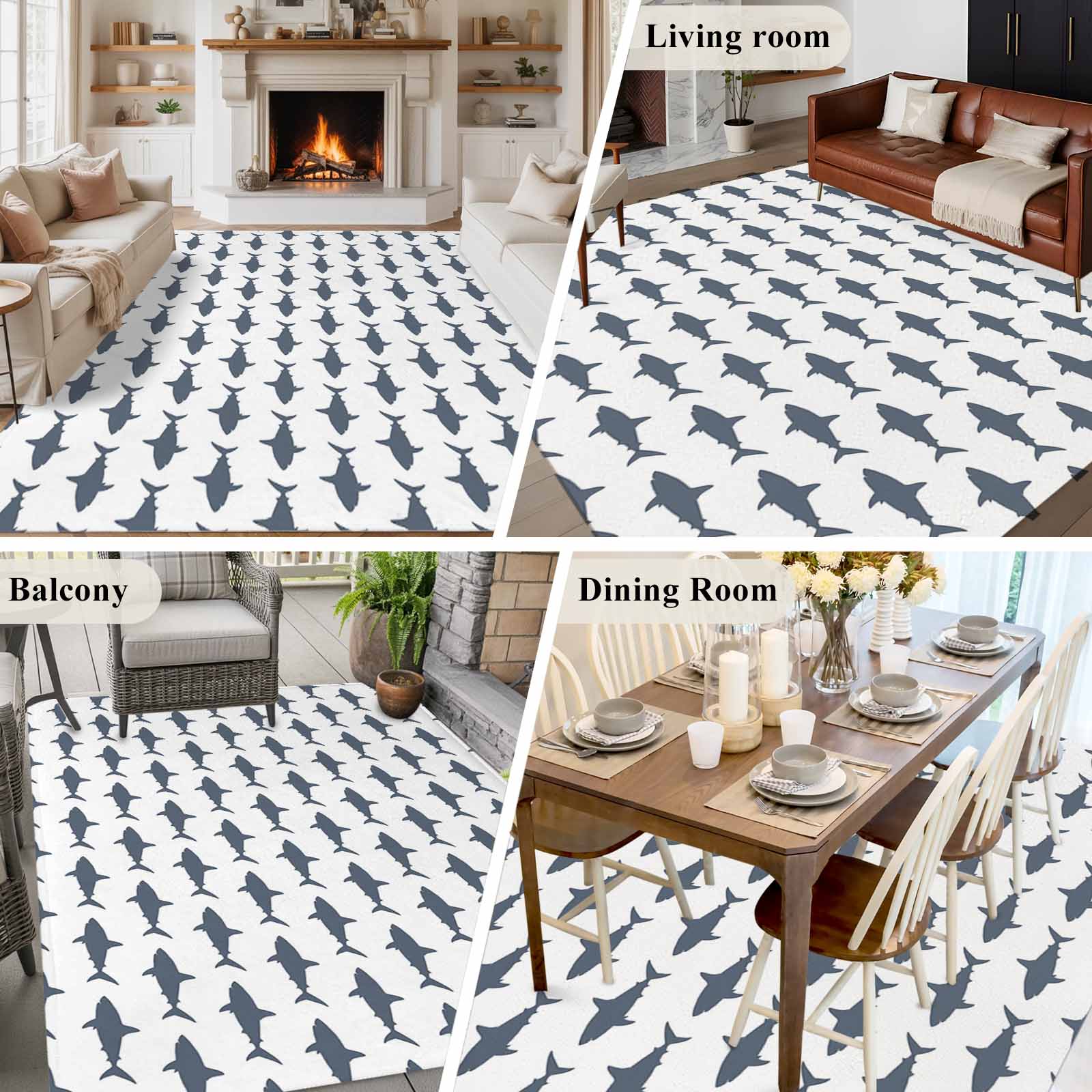 6x9 Area Rugs for Living Room, Blue Grey Sharks Non Slip Area Rugs for Kitchen Bedroom Entryway, Modern Coastal Ocean Animals Washable Carpet Runner Rug Floor Mats for Bedroom Home Decor