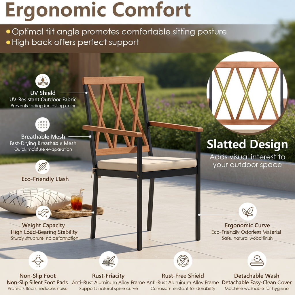 Hommoo 2-Pack Modern Outdoor Dining Chairs with Removable Cushions, Metal Frame & Acacia Wood Backrest – 18" Seat Width, Black & Natural