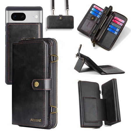 Dteck for Google Pixel 7 Wallet Phone case, PU Leather Multi-Function Detachable 2 in 1 Magnetic Card Holder Kickstand Zipper Shoulder Strap Purse Cover, Black