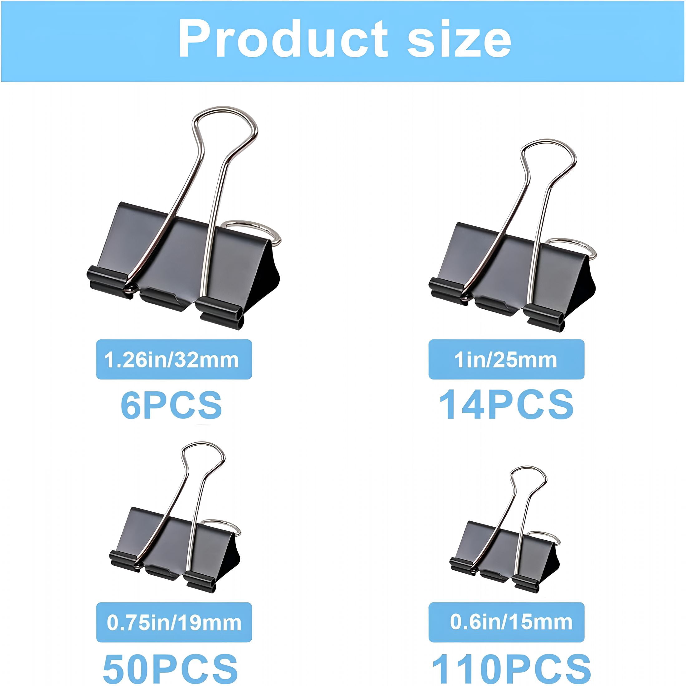 CCOCC 180 Pcs Binder Clips Assorted Sizes,Black Binder Paper Clips Office Clips Office Supplies,4 Sizes Cute Binder Clips Large Medium Small Paper Clips Paper Clamps