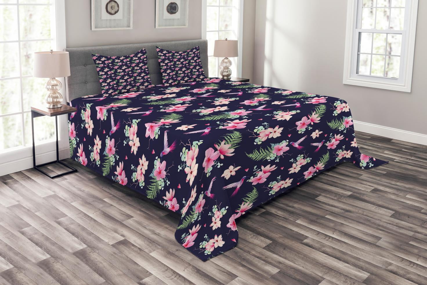 Navy and Blush Bedspread Set Queen Size, Tropical Flower Bouquets and