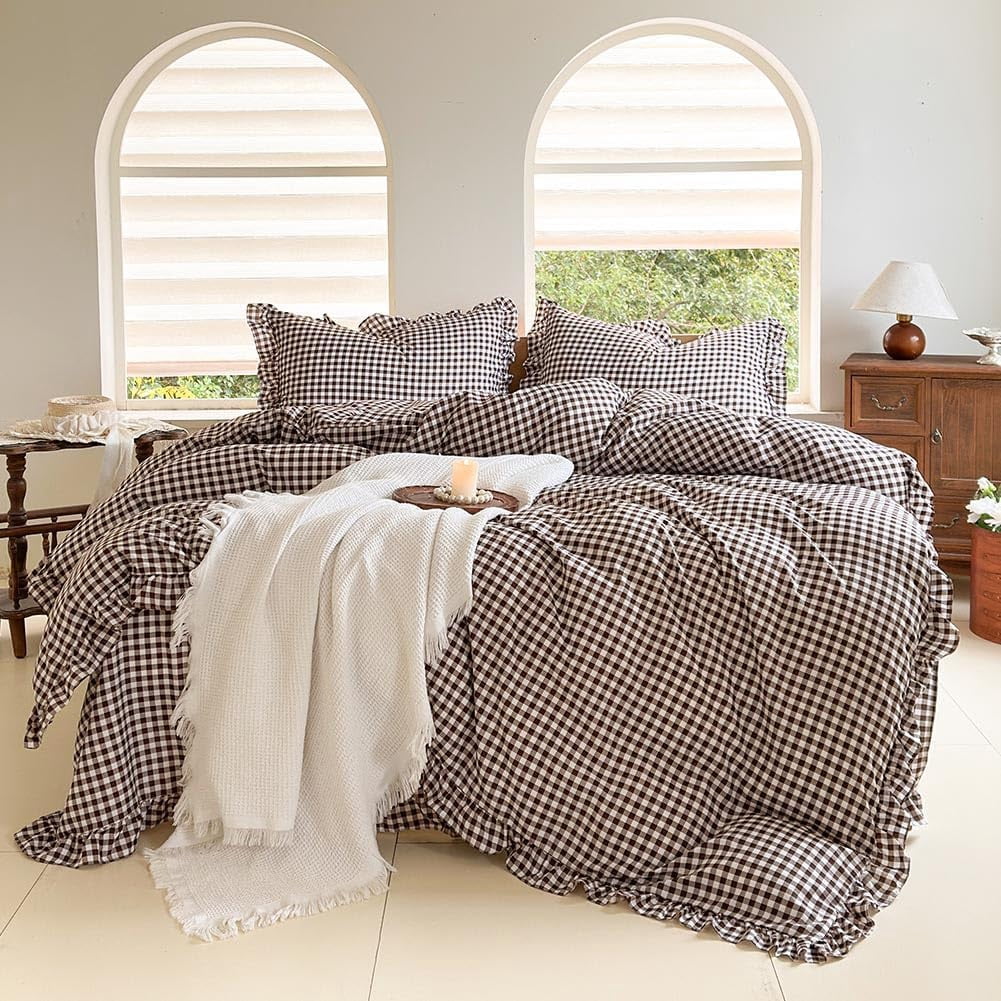 Mocha Gingham Ruffle Duvet Cover King Size, 3 Pieces Soft Pre-Washed Microfiber Checked Plaid Comforter Cover Set, Vintage Farmhouse Bedding Set(Mocha Gingham, King 104"x90")
