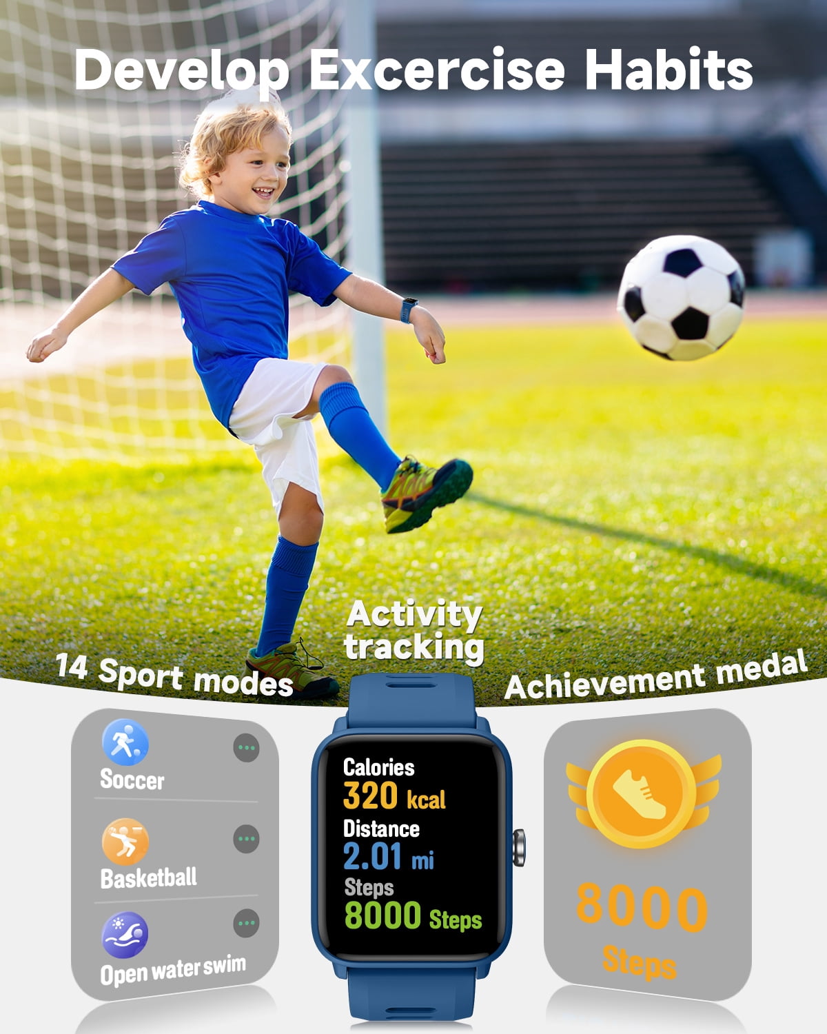 BIGGERFIVE Kids Smart Watch, 1.5''HD Touchscreen Fitness Tracker for Girls Boys, 5ATM Waterproof, Blue