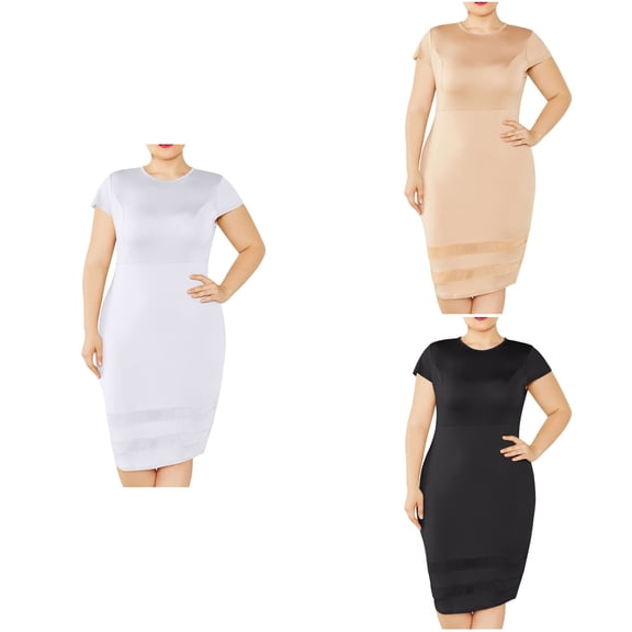 Antinious Women Plus Size Short Sleeve Round Neck Solid Mesh Patchwork Slim Dress