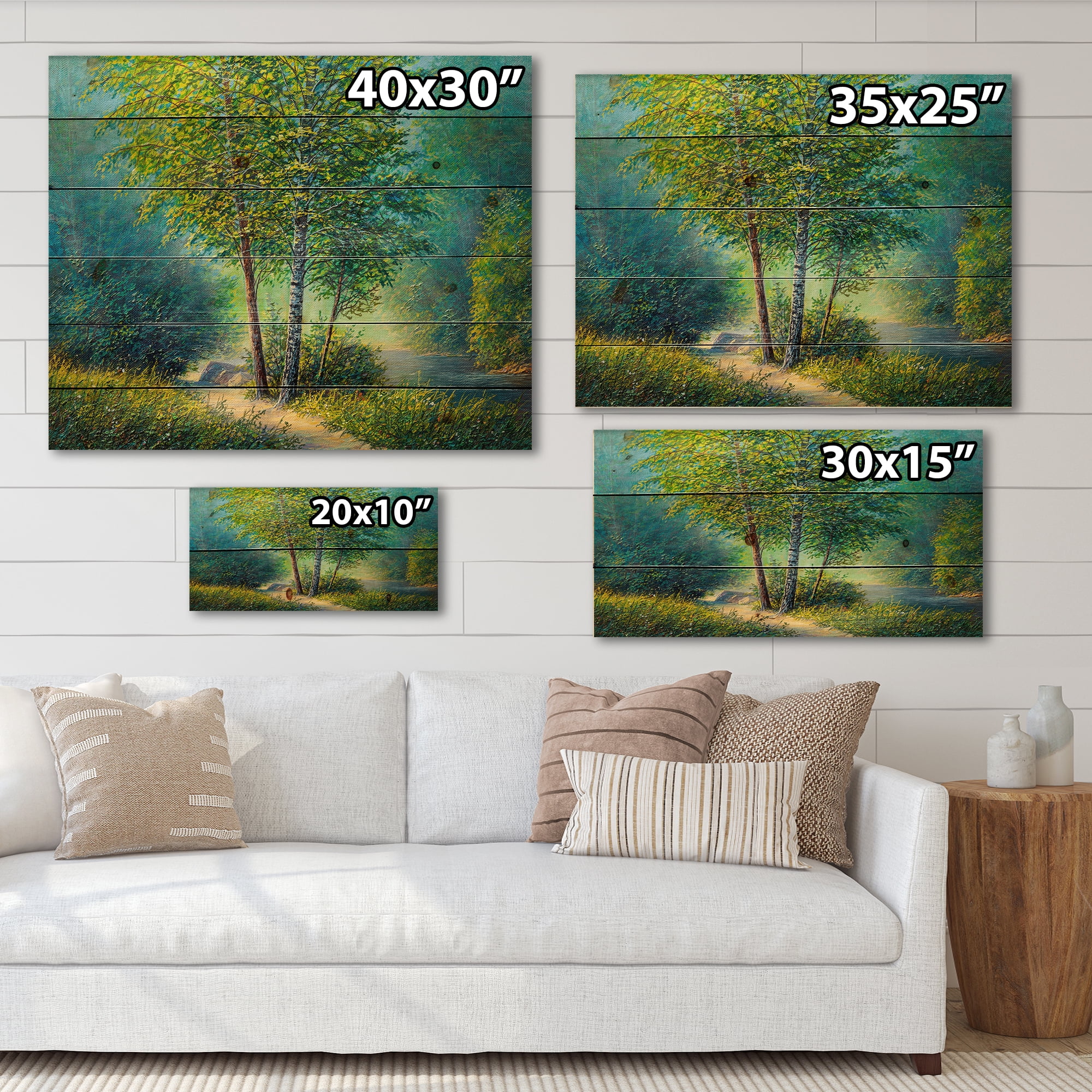 Designart 'Three Vibrant Green Trees By The River' Lake House Print on Natural Pine Wood