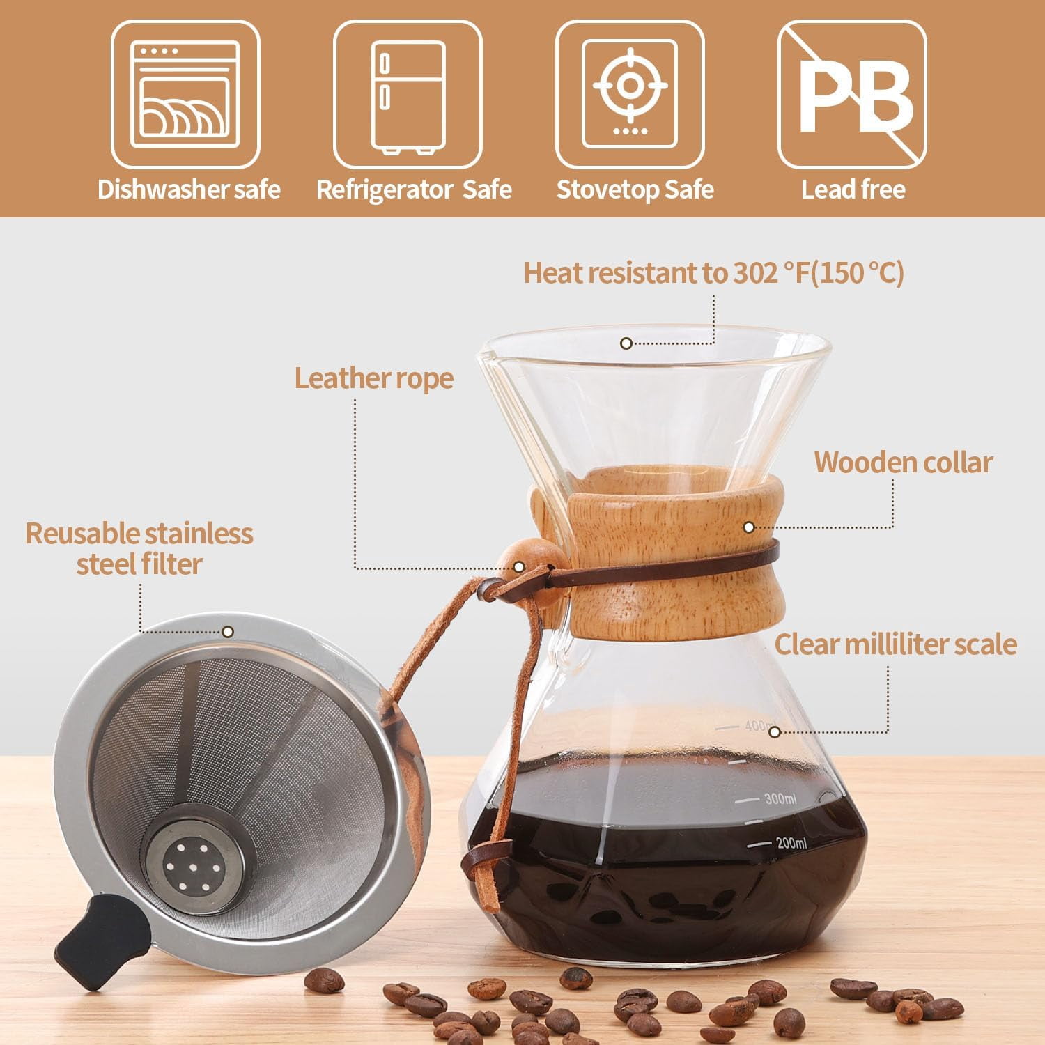 Pour Over Coffee Maker 14 OZ, 4 Cup Borosilicate Glass Drip Coffee Maker with Reusable Stainless Steel Filter and Cork Grip for Home Café 400 ML (Diamond Shape)