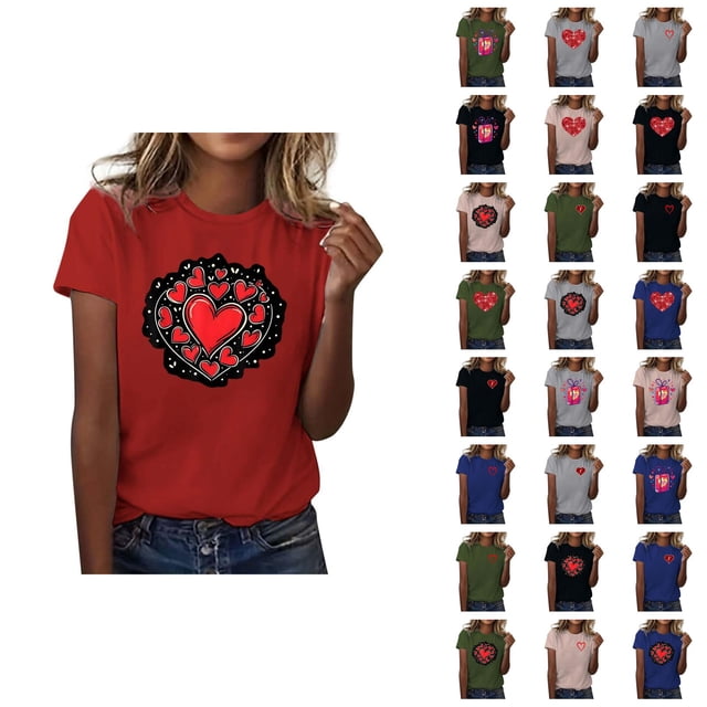 T-shirts de la Saint-Valentin pour Femmes 2026 à Manches Courtes Col Rond avec Cœur Graphique