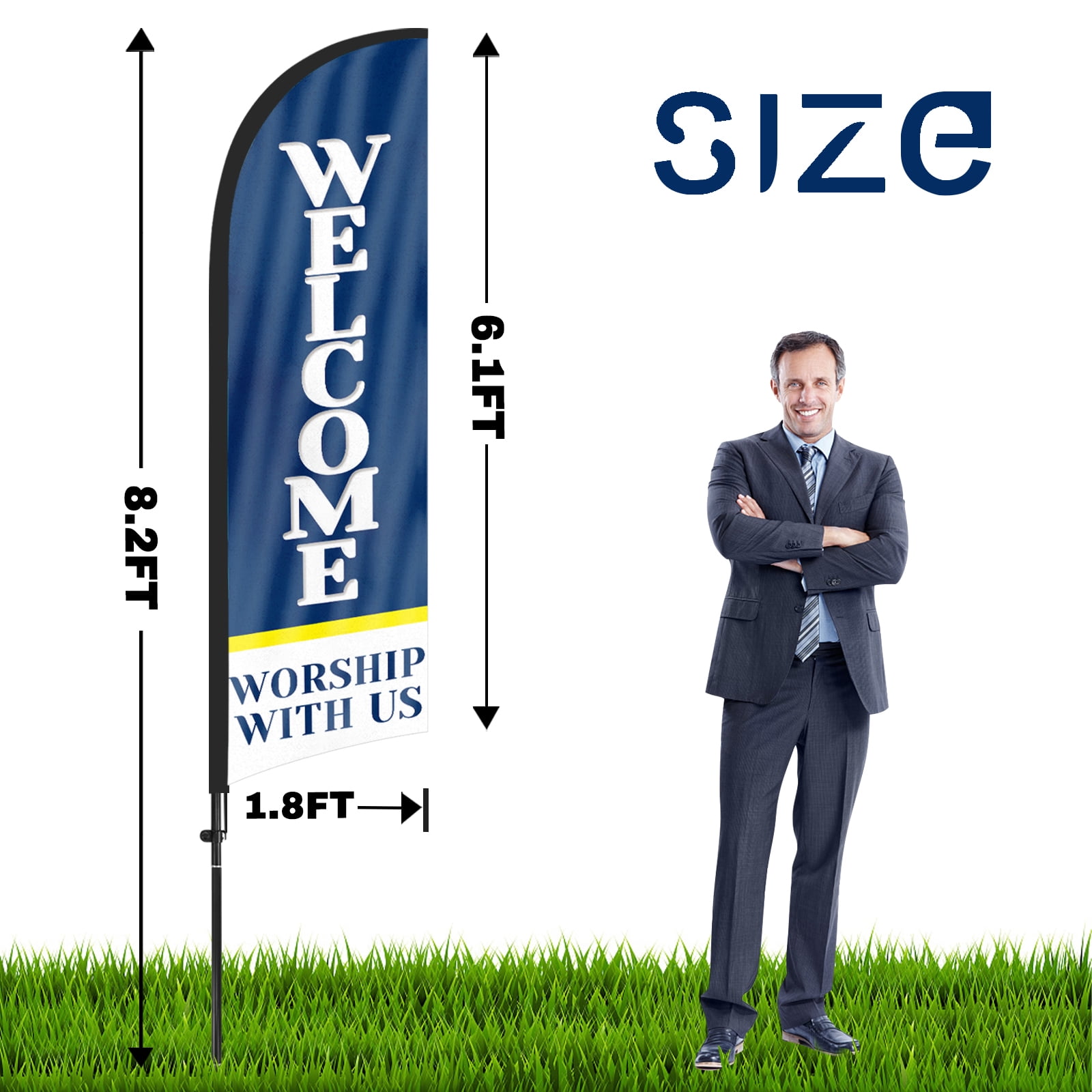 QSUM Welcome Worship With Us Sign Feather Flag with Pole Kit,8.2FT Welcome Worship With Us Advertising Flag, Welcome Worship With Us Business Sign,Welcome Worship With Us Swooper Flag