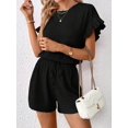thumbnail image 5 of Women'S 2 Piece Outfits Round Neck Ruffle Short Sleeve Top and Drawstring Shorts Set Black S, 5 of 8