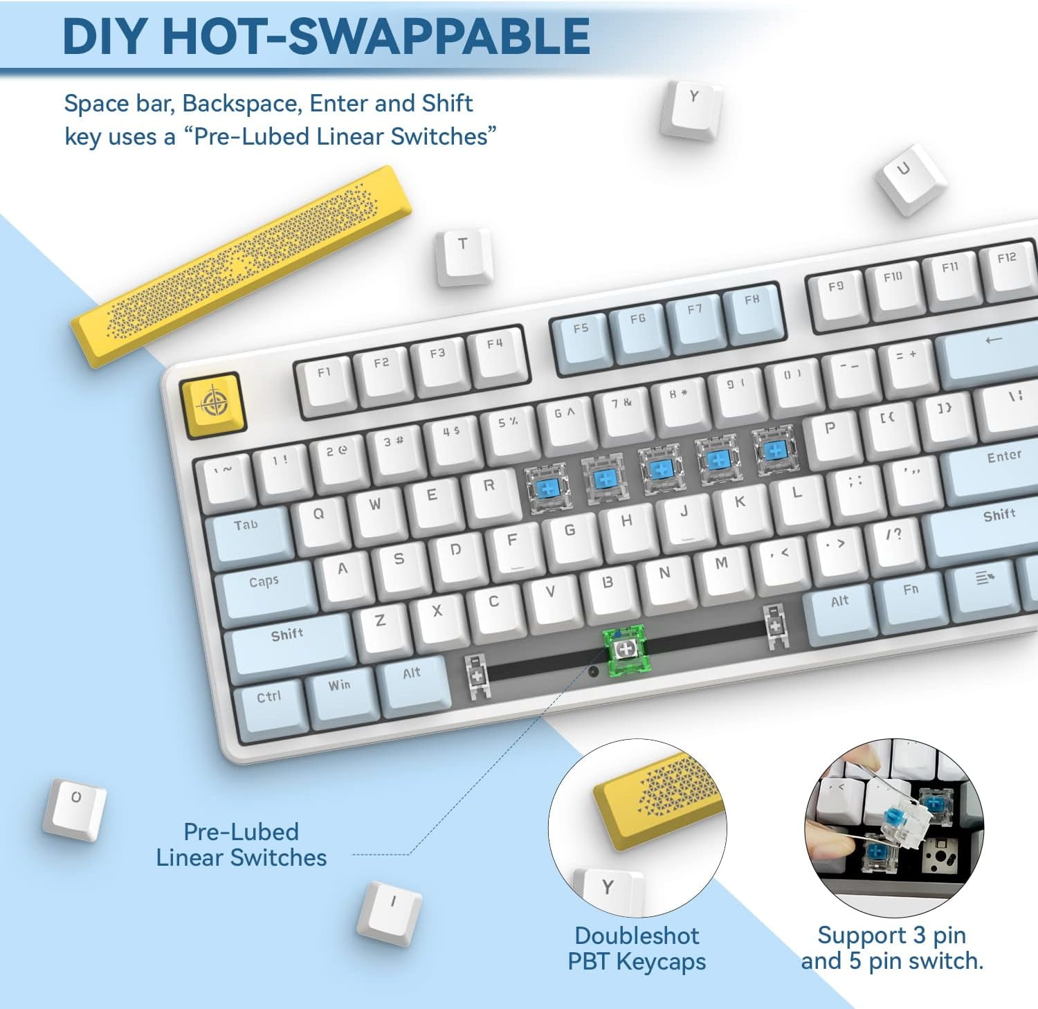 AK873 Gaming Keyboard,Chroma RGB Backlit,Hot-Swappable Blue Switch,PBT Keycap,75% TKL Layout,Ergonomic Mechanical Keyboard with Custom Coiled USB/Type-C Aviation Cable(Blue White)