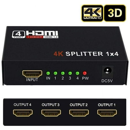 4K HDMI Splitter 1 in 2 3 4 Out 4K@30HZ, V1.4 HDCP Powered HDMI Splitter with AC Adaptor 1 Input to 4 Outputs, Supports 3D 4K HD1080P for PS4 XboxRoku Blu-Ray Player Apple TV HDTV