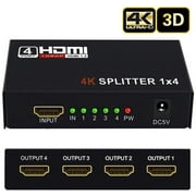 4K HDMI Splitter 1 in 2 3 4 Out 4K@30HZ, V1.4 HDCP Powered HDMI Splitter with AC Adaptor 1 Input to 4 Outputs, Supports 3D 4K HD1080P for PS4 XboxRoku Blu-Ray Player Apple TV HDTV