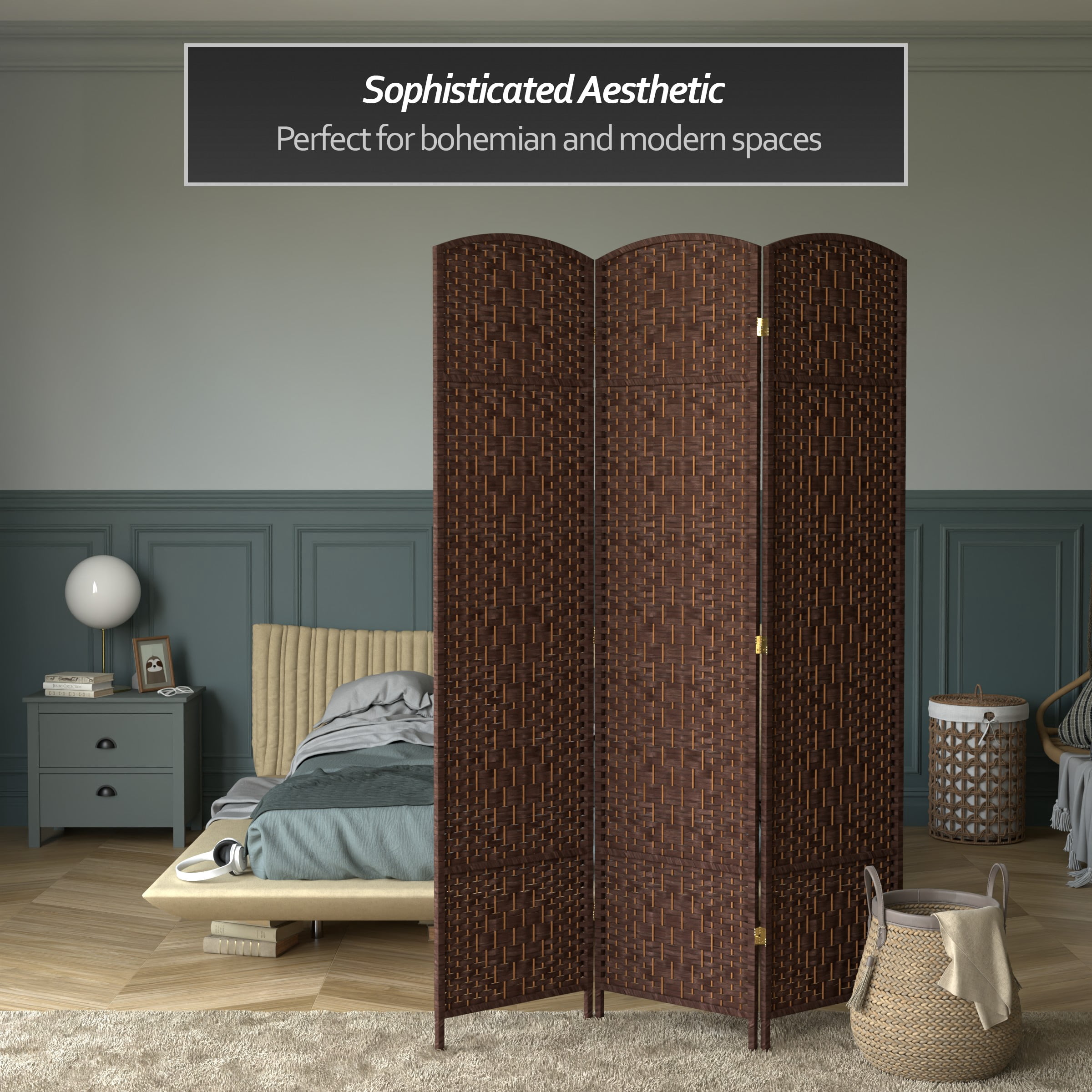 7 ft. Tall Rattan Fiber Diamond Weave Privacy Screen Room Divider - Dark Mocha - 3 Panels