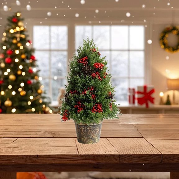 Mini Christmas Tree 12.6inch Artificial Small Pine Trees with Burlap Base Made Of PVC Material Small Tabletop Trees with Red Berries For Christmas Decoration Home Office Party Decor