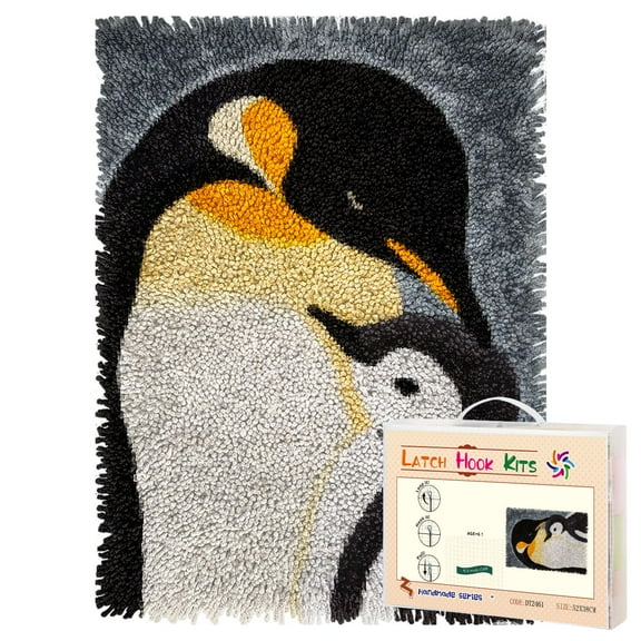Latch Hook Rug Kit Penguin Mom and Baby Pre-printed Handmade Carpet Crochet Yarn Craft DIY Hook and Latch Door Mat Tapestry for Home Floor Decoration 52x38cm-2
