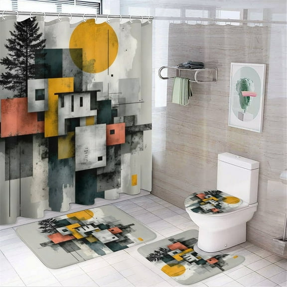 Sunset Print Shower Curtain Set 4-Set Nature Animal Theme Bathroom Decor Set Includes Floor Mat ,Toilet Cover Mat ,U-Mat ,Shower Curtain with 12 Hooks,72inx72in