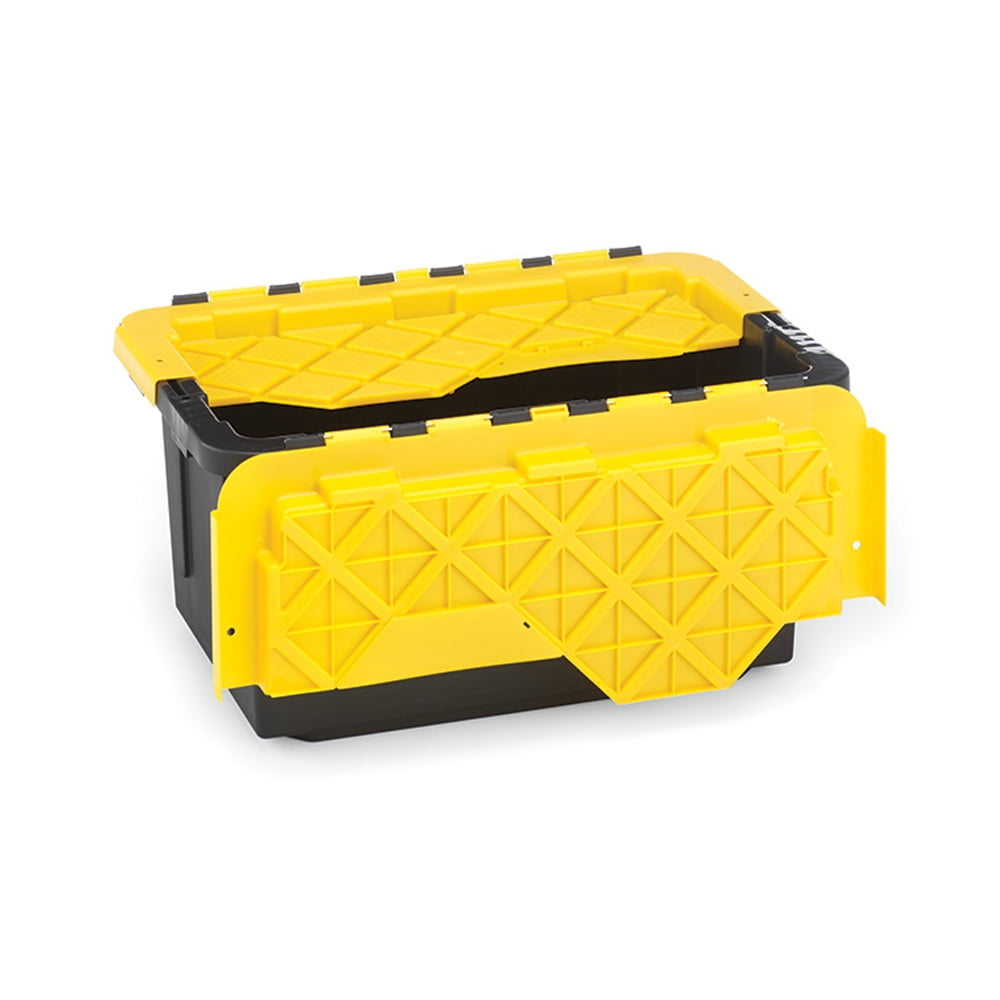 black storage tote with yellow lid