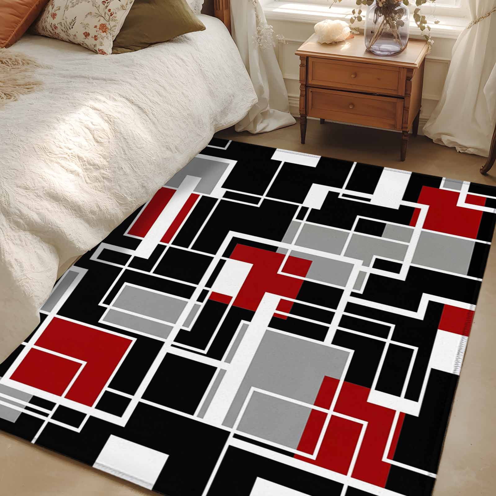 Red Black Geometric Area Rugs 3'x5', Washable Small Throw Rugs for Living Room Bedroom, Modern Color Block Abstract Indoor Outdoor Rug Non-Slip Low Pile Carpet Runner Reversible Floor Mats