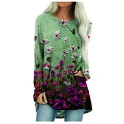 sebulube Women's Pullover Round Neck Long Positioning Flower Print Long Sleeve Top