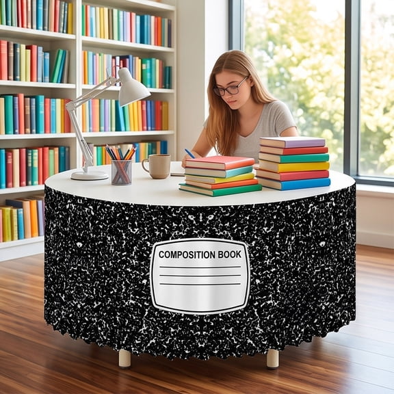Luckky 55x29in Ruffled Teacher Table Skirt,Colorful Pencil Pattern Back to School Tablecloth,Round Desk Skirt Decor for Kindergarten & Office