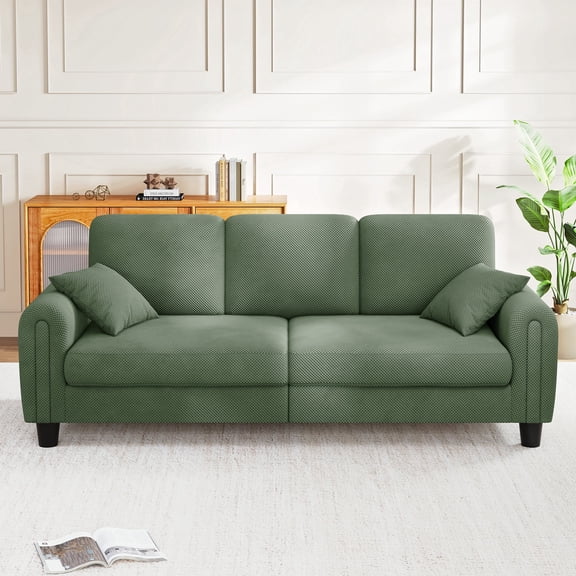 3 Seater Sofa Couches for Living Room, 84.6" Coffee Bean Textured Fabric, 2 Pillows, Gray