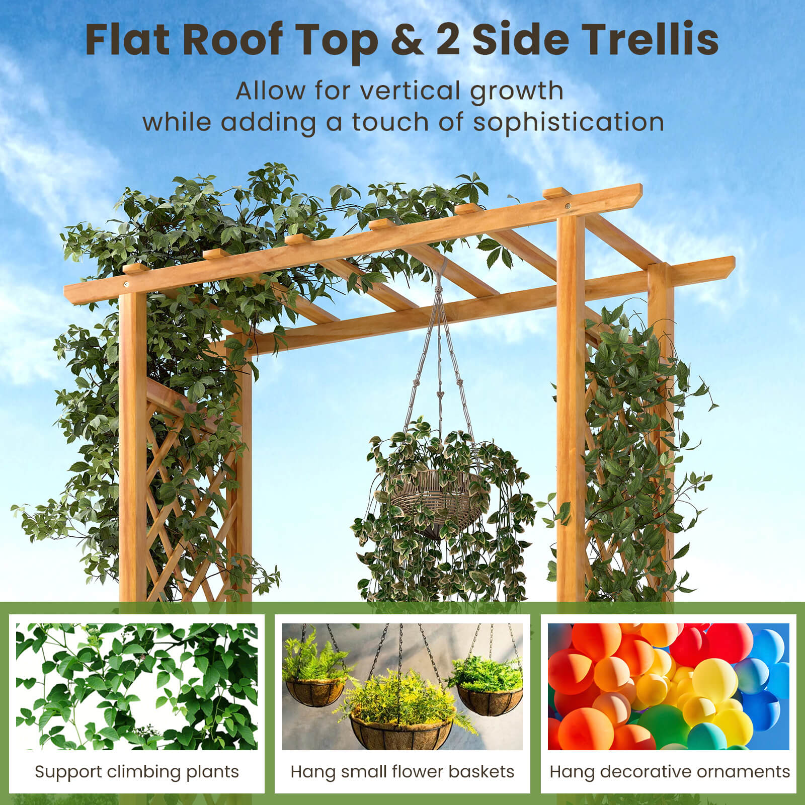 Costway 2 PCS 70” Wooden Raised Garden Bed with Lattice Trellis Hanging Roof Open-Ended Base