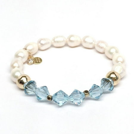 Julieta Jewelry Freshwater Pearl and Aquamarine Swarovski Crystal Chloe 14kt Gold over Sterling Silver Stretch Bracelet