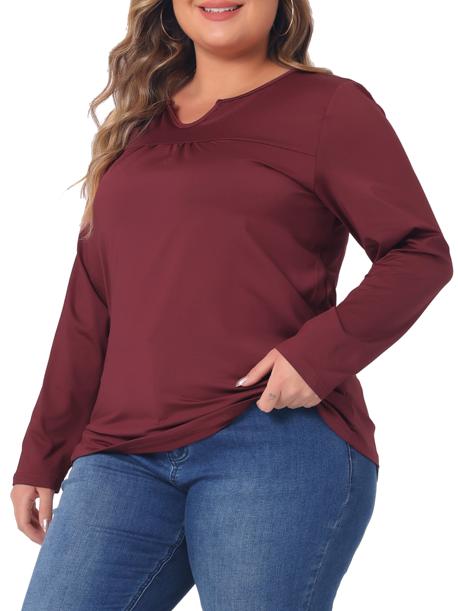 DARING DIVA Women's Plus Size Long Sleeve Notched Neck Loose Tops 4X Burgundy