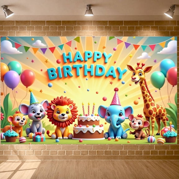 Animal Characters Banner Colorful Balloons Birthday Display Cartoon Style Bright Colors Animal Party Backdrop for Birthday Party Kids Gathering Photo Shoot