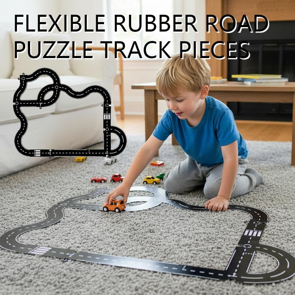 Flexible Rubber Road Puzzle Track Pieces,Waterproof Modular Puzzle Car Highway Tracks,Gift for Indoor