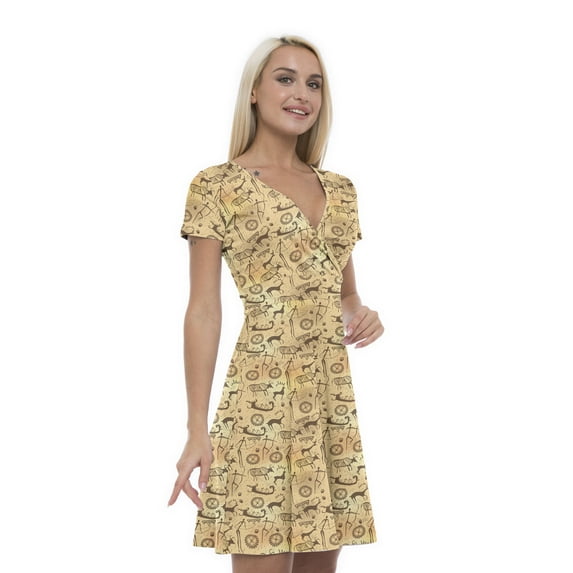 Women’s A Line Prehistoric Summer Dress, Retro Triangle Arrangement, Cross Wrap V Neck, 6 Sizes, by Ambesonne