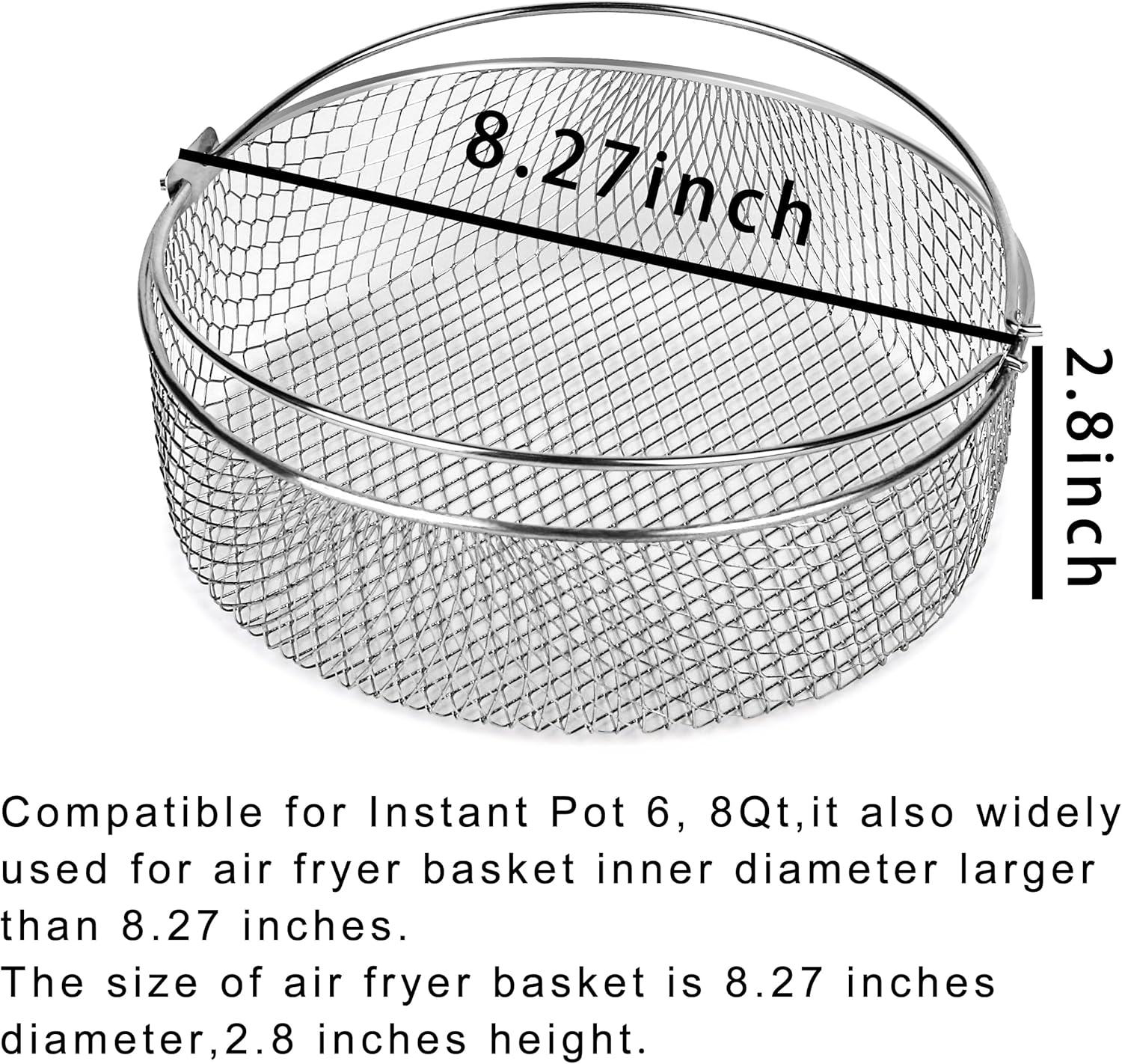 ABCISI 8 Inch Air Fryer Basket, Air Fryer Replacement Accessory for Instant Pot 6-8 QT, 304 Stainless Steel Mesh Basket with Handle for Air Fryer Oven Steamer (Round, 1 PACK)
