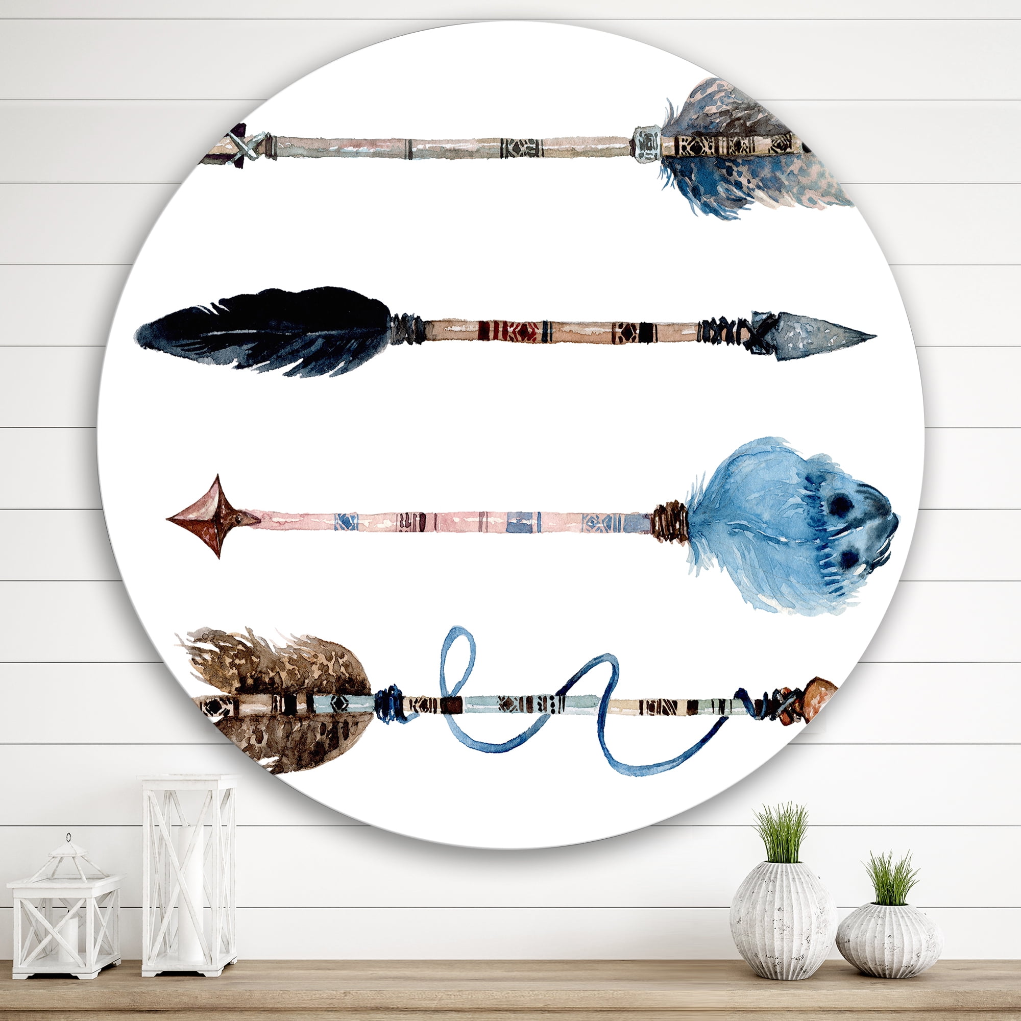 Designart 'Flowers and Ethnic Feathers On Native Arrows IV' Bohemian & Eclectic Circle Metal Wall Art 29x29 - Disc of 29