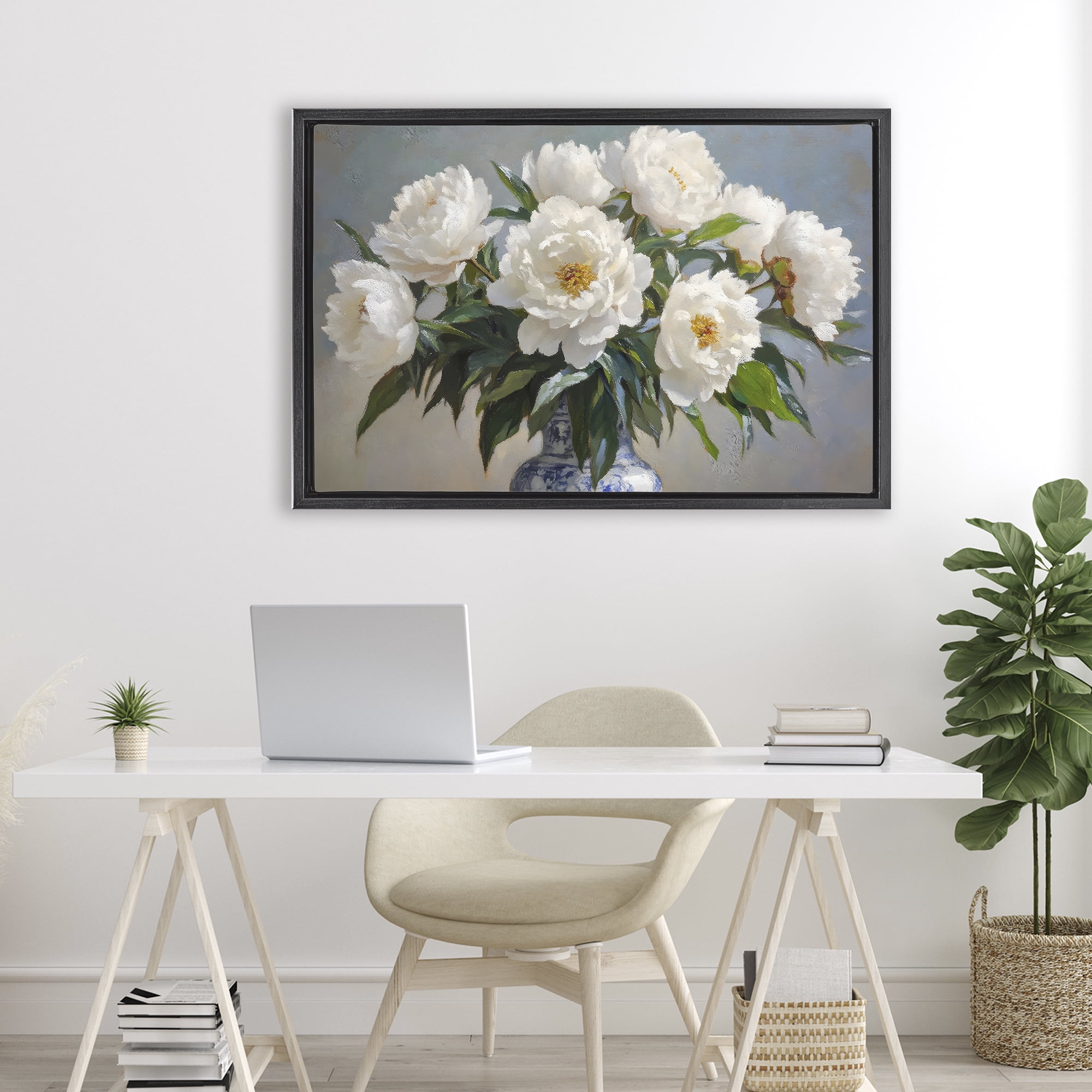 Stupell Industries In Full Bloom White Peonies Black Framed Floater Canvas Wall Art, design by Petal Prints Design