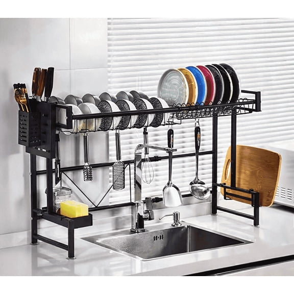 ALLJOY Over the Sink 2-Tier Dish Drying Rack & Large Adjustable Stainless Steel Dish Rack with Multiple Holders for Kitchen (Black, Large 35.4" Length)