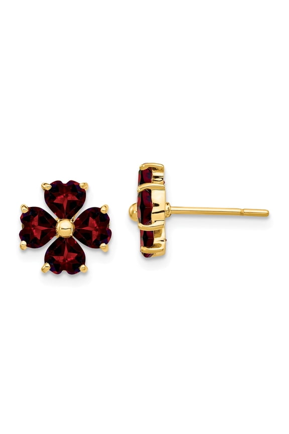 14k Heart-shaped Garnet Flower Post Earrings in 14k Yellow Gold