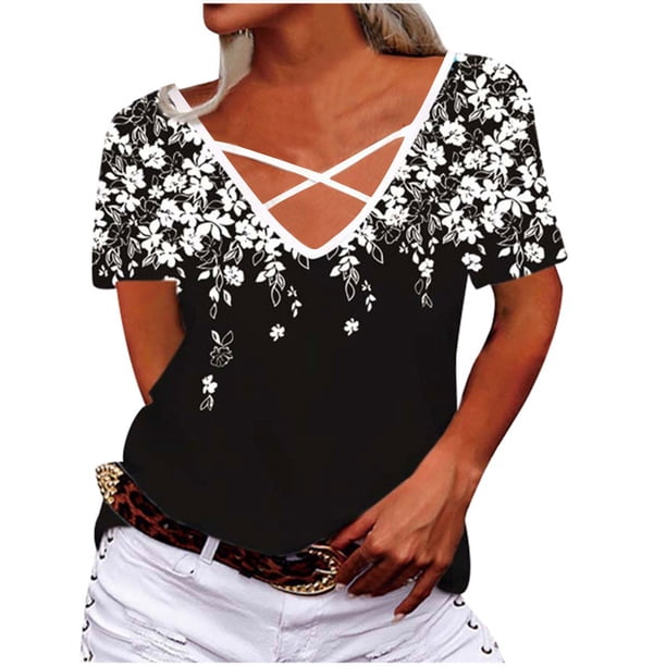 Blusa de camiseta informal con estampado de manga corta y cuello en V de verano para mujer a la moda Fridja hjk3949