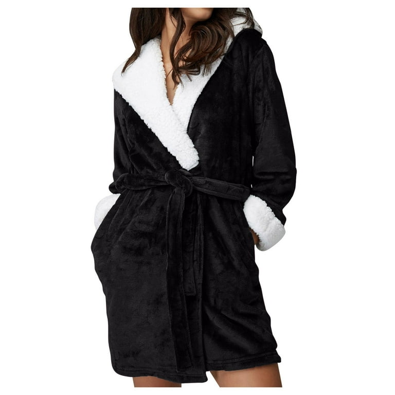 Labakihah Robes For Women Women Hooded Bathrobe Lightweight Soft Plush Long  Flannel Sleepwear Hooded Bathrobe Plush Long Robe Black