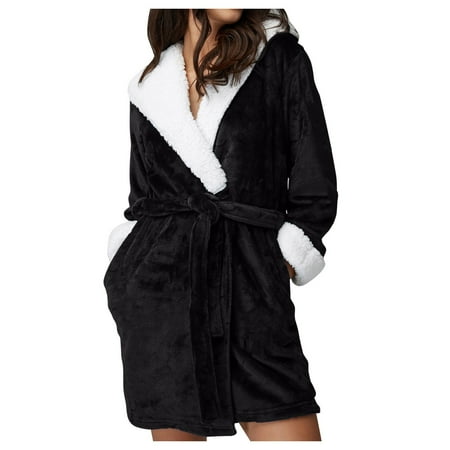 

labakihah robes for women women hooded bathrobe lightweight soft plush long flannel sleepwear hooded bathrobe plush long robe black