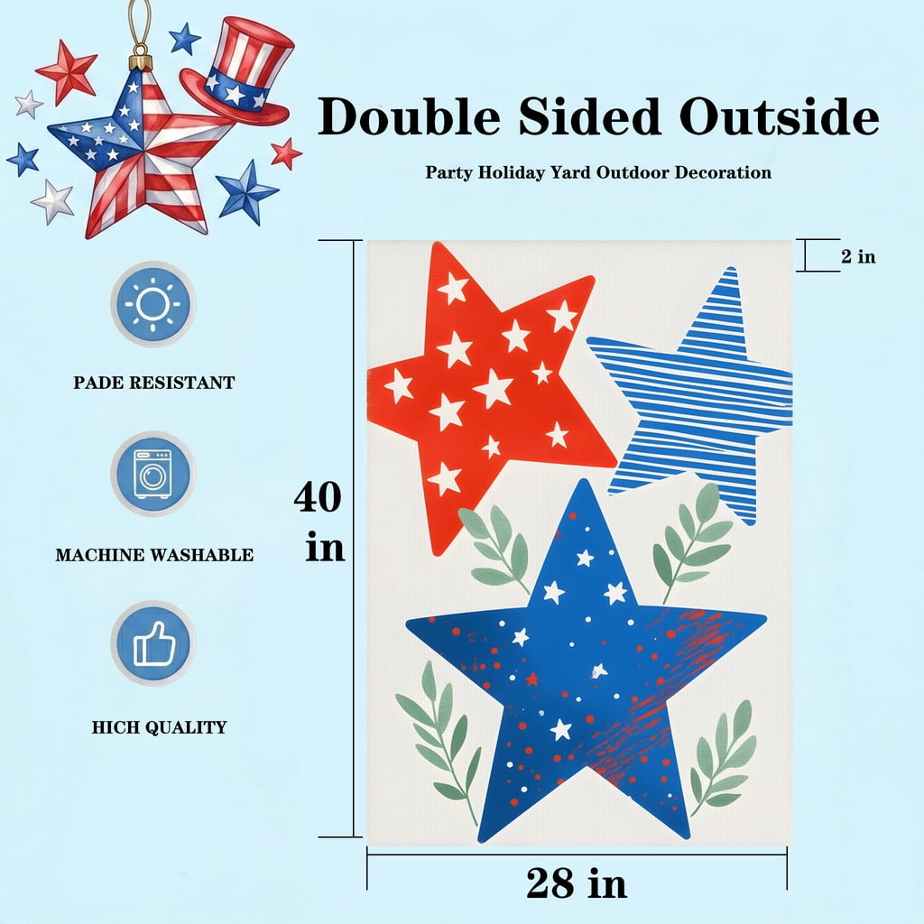 americana garden flag Three red white and blue stars with green leaves. * july 4th decorations 28x40" Large Yard Flag red white and blue decorations for home