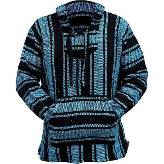 Hoodies for Men Classic Fit Wide Stripes Long Sleeve Tribal Style Hoodie with Pocket Everyday Pullover Hoodies Blue L