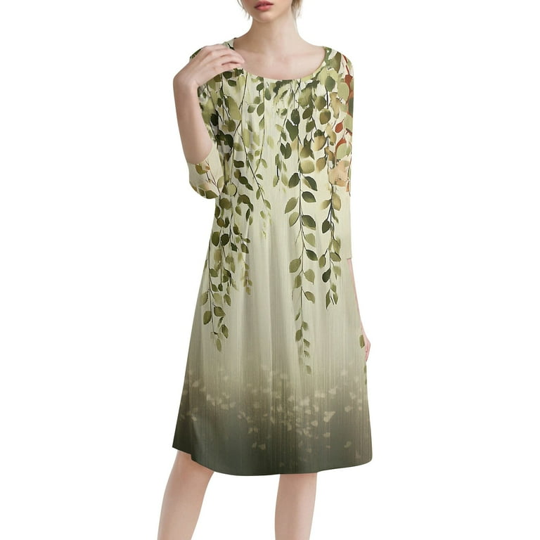 Qijie Petite Women Dresses Spring Summer 3/4 Sleeve Vacation Boho Floral Casual Sundress A-Line Holiday Midi Dress Crew Neck Flowy Swing Wedding Guest