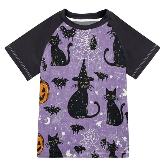 FORMRS Boys Rash Guard with Short Sleeves UPF 50 Swim Shirts Sizes 3-12T, Halloween Cats