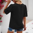thumbnail image 3 of Top de verano para mujer, camisa informal con cuello en V y mangas cortas cónicas con farol de punto Jacquard, color negro L, 3 of 5